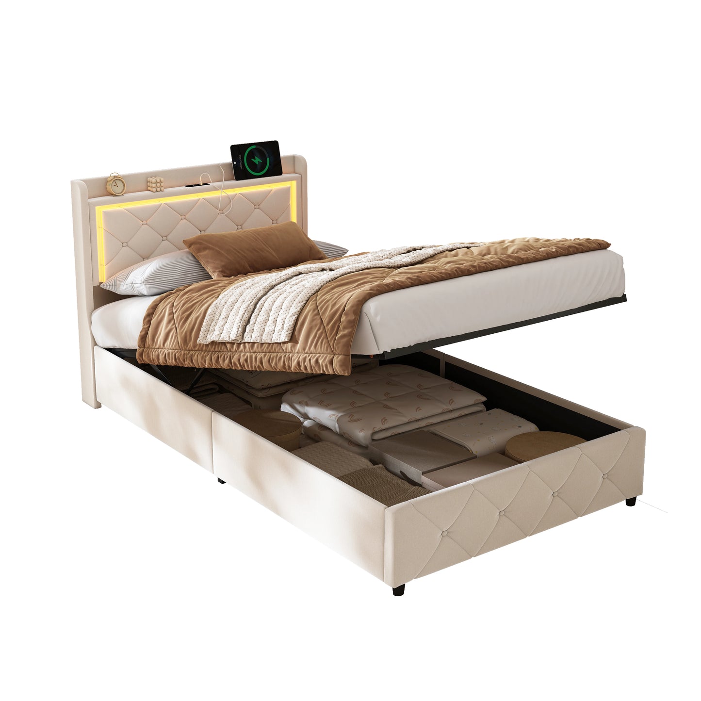 Rosahqnda Polster-Einzelbett 90 x 200 cm mit LED, Jugendbett mit USB/Typ-C, Bettkasten, Holzrahmen, Flanell (ohne Matratze)