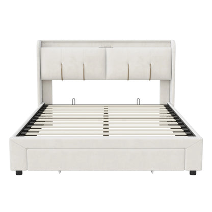 WoodenAura 140x200cm Polsterbett mit USB-C Ladefunktion, Stauraumkopfteil und LED-Beleuchtung und Schubladen, Doppelbett Große