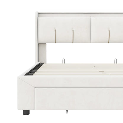 WoodenAura 140x200cm Polsterbett mit USB-C Ladefunktion, Stauraumkopfteil und LED-Beleuchtung und Schubladen, Doppelbett Große