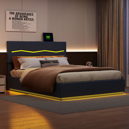 Polsterbett Doppelbett 140x200cm Jugendbett mit Verstellbares Kopfteil, Bett mit Beleuchtung, Stauraumbett mit Hydraulisch, PU