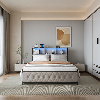 ROSAHQNDA Modernes gepolstertes Bettgestell mit Schubladen, LED-Bücherregal-Kopfteil mit USB-Anschlüssen, 140/160/180 cm, ohne Matratze