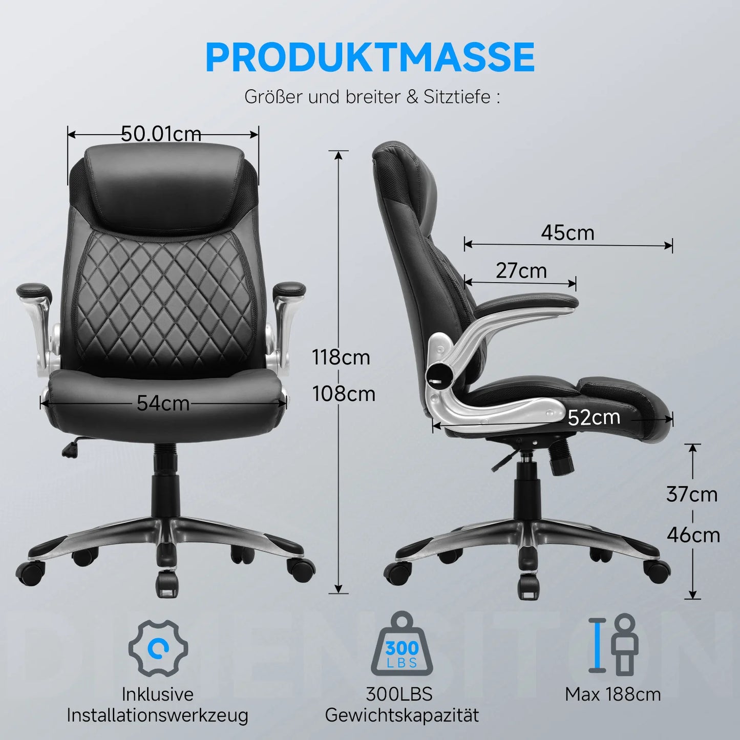 COMHOMA Bürostuhl Ergonomisch, Schreibtischstuhl mit klappbaren Armlehnenmit und Hoher Rückenlehne, Kratzfeste Leder