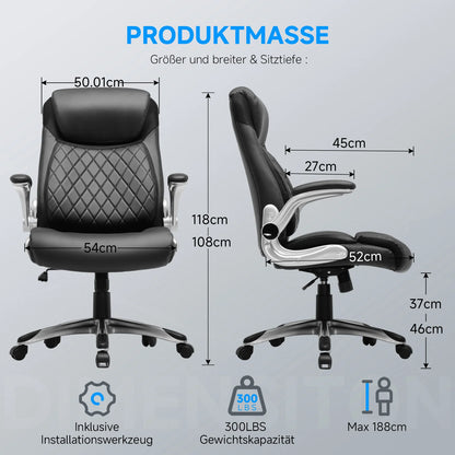 COMHOMA Bürostuhl Ergonomisch, Schreibtischstuhl mit klappbaren Armlehnenmit und Hoher Rückenlehne, Kratzfeste Leder