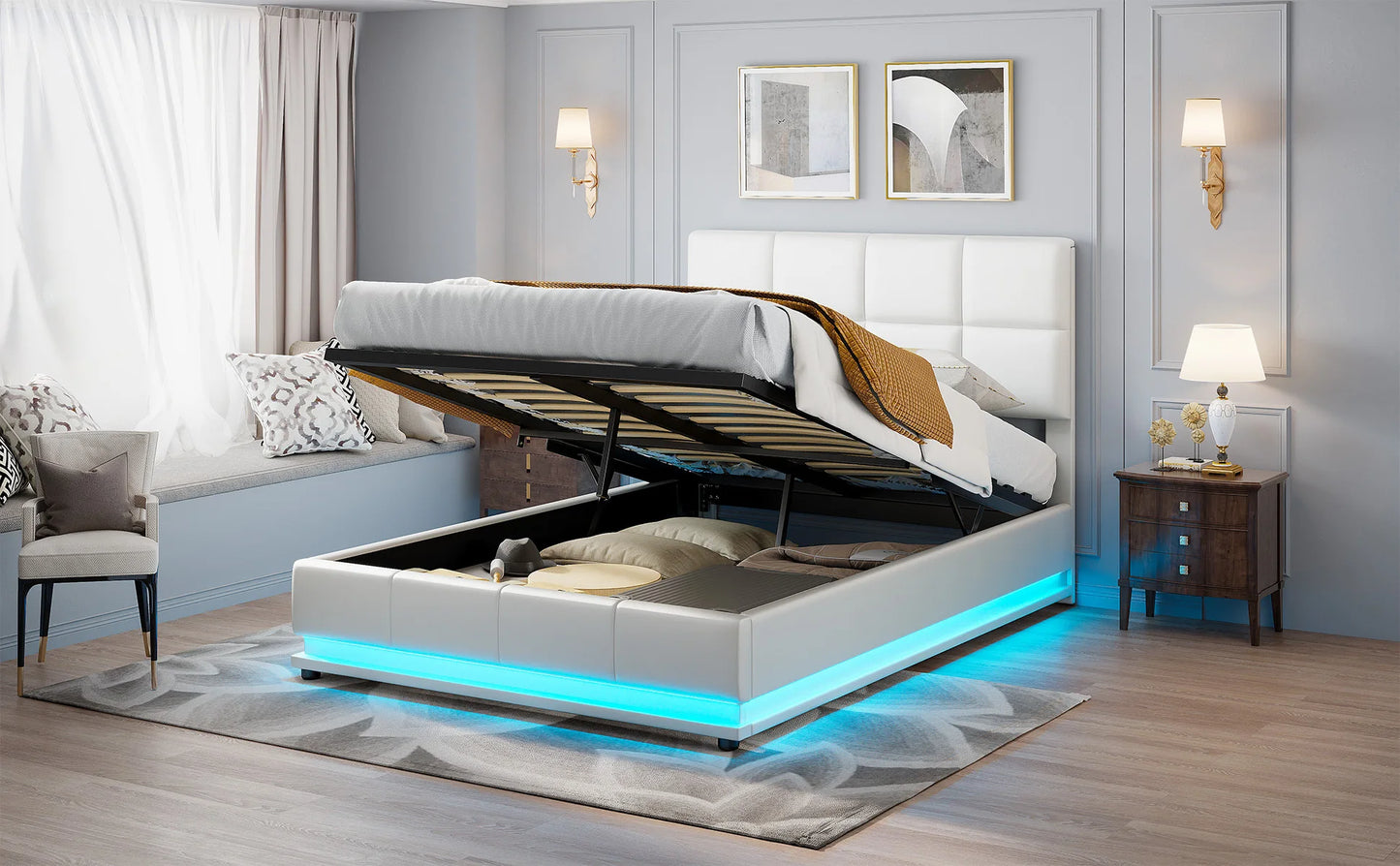 Rosahqnda Hydraulischer Doppelbettrahmen 140*190cm mit LED, Verstellbares Kopfteil, Stauraumbett 140*200cm, Polsterbett, PU