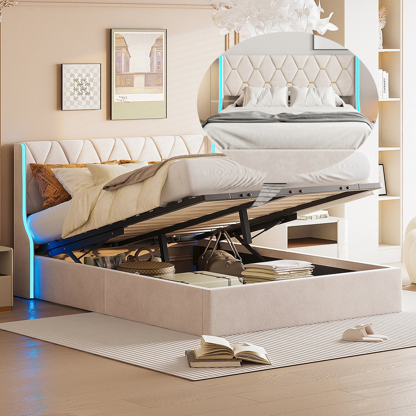 Bett 140x200 cm, Polsterbett mit Hydraulischem Stauraum und LED-Kopfteil, Doppelbett Stauraumbett mit Lattenrost, Funktionsbett