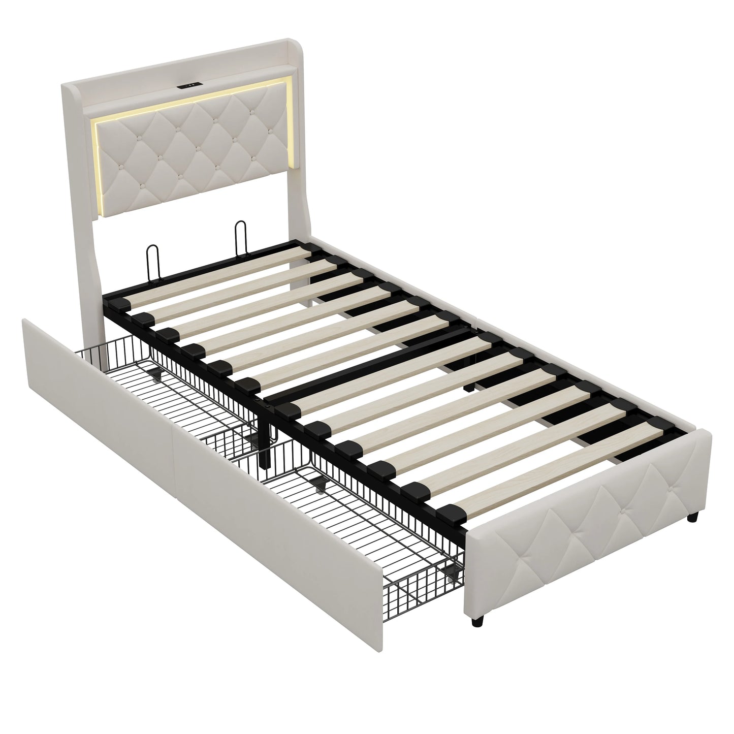 Rosahqnda Polster-Einzelbett 90 x 200 cm mit LED, Jugendbett mit USB/Typ-C, Bettkasten, Holzrahmen, Flanell (ohne Matratze)