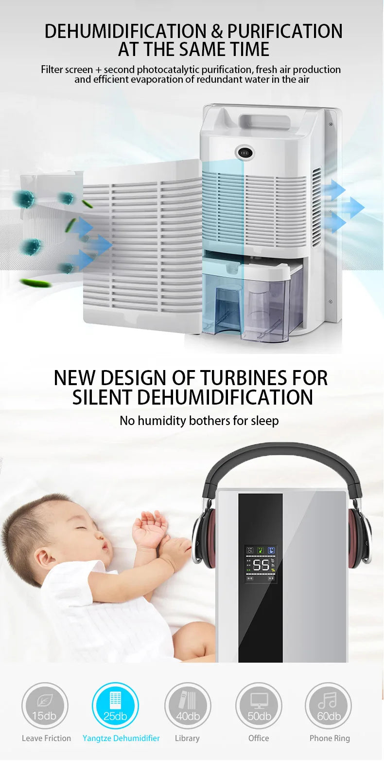 Dehumidifier and Air Purifier 2 in 1 Moisture Absorber Household Mute Bedroom Basement Remote Control Timing External Water Pipe.