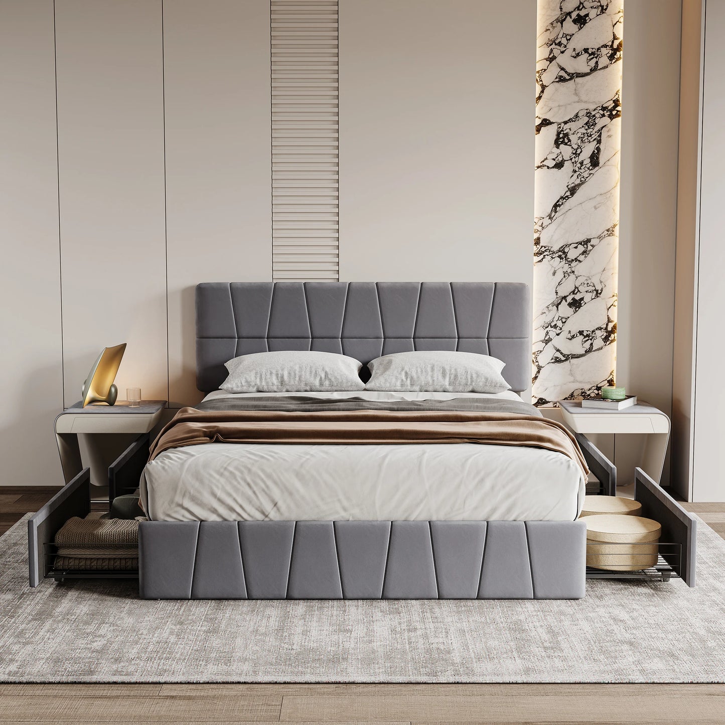 WoodenAura Polsterbett 160x200, Doppelbett mit 4 Schubladen Höhenverstellbarem Kopfteil, Jugendbett Stauraumbett Funktionsbett