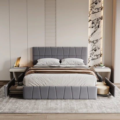 WoodenAura Polsterbett 160x200, Doppelbett mit 4 Schubladen Höhenverstellbarem Kopfteil, Jugendbett Stauraumbett Funktionsbett