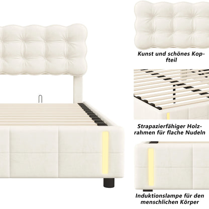 Doppelbett 140x200 cm mit LED-Beleuchtung und Stauraum, Luftdruckbett, Lattenrost, Samt, beige, ohne Matratze