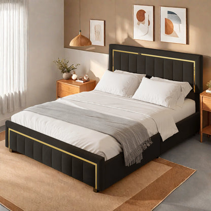 Polsterbett 140x200 Doppelbett mit Stauraum, Bett mit Lattenrost und Hydraulisch Stauraumbett Rückenlehne Bettgestel Jugendbett