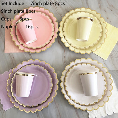 40pcs/set Yellow Green Pink Blue Paper Plates Cups Disposable Tableware Set for Wedding Birthday Party Baby Shower Supplies.