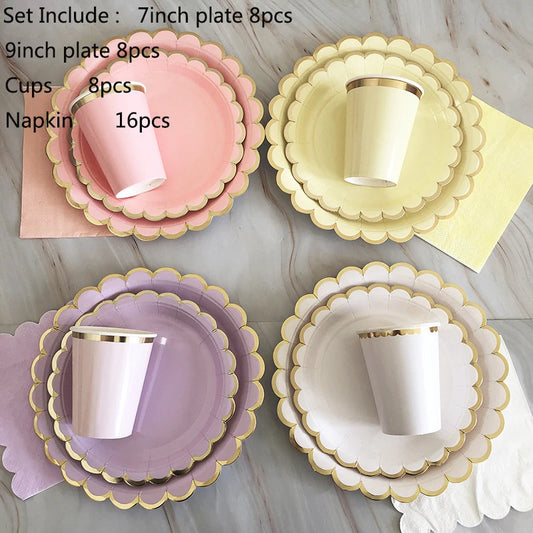 40pcs/set Yellow Green Pink Blue Paper Plates Cups Disposable Tableware Set for Wedding Birthday Party Baby Shower Supplies.