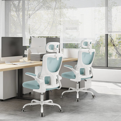 WOLTU Drehbarer Bürostuhl, ergonomischer Netz-Schreibtisch, Computerstuhl, höhenverstellbar, Schaukelfunktion, umkehrbare Armlehnen, Kopfstütze