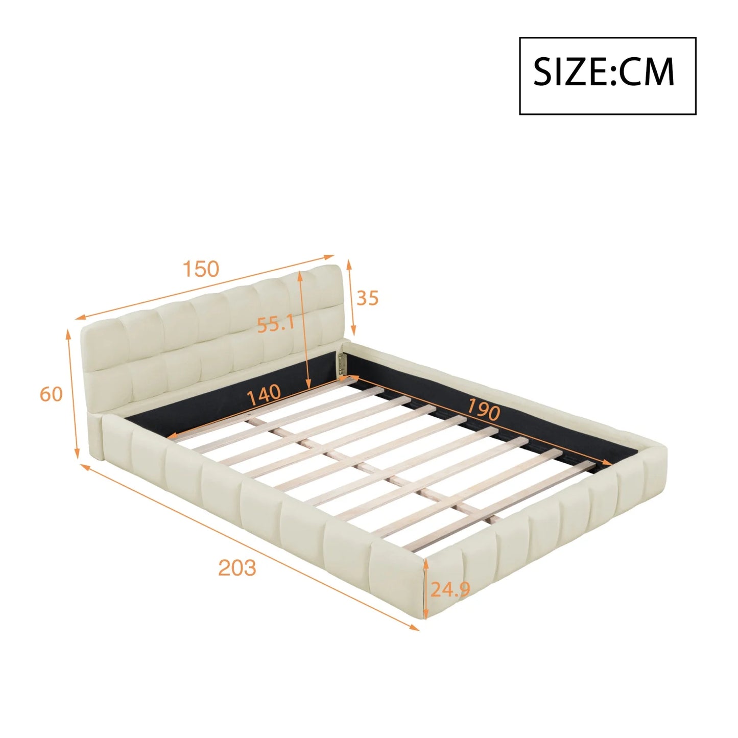 Doppelbett, gepolstertes Bett, Blasenbett mit Lattenrost, 2-Personen-Betten mit Kopfteilrahmen, niedriges Bett