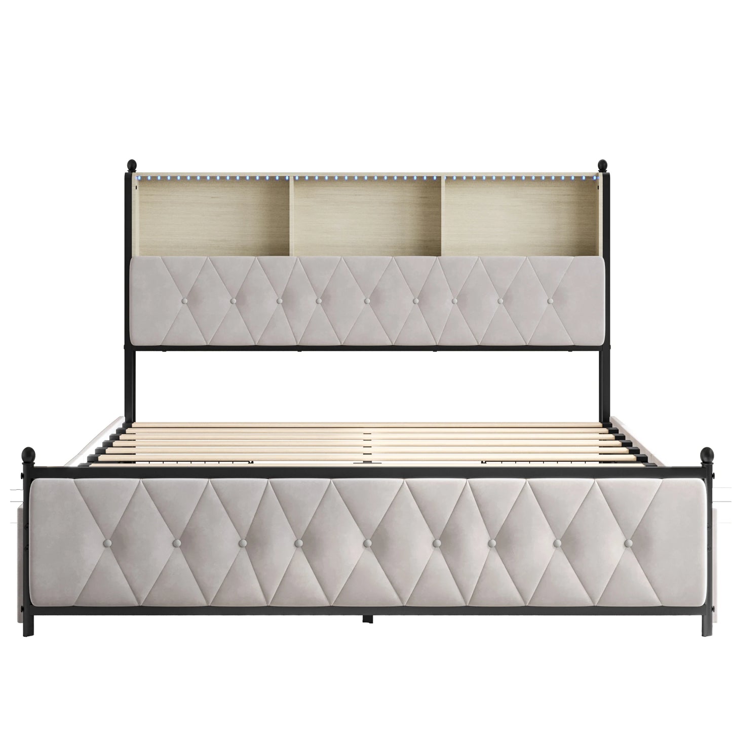 WoodenAura 140x200cm Polsterdoppelbett mit LED-Kopfteil und USB, mit Lattenrost und 4 Schubladen, Stauraum, Funktionsbett180x200