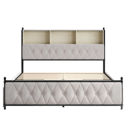 WoodenAura 140x200cm Polsterdoppelbett mit LED-Kopfteil und USB, mit Lattenrost und 4 Schubladen, Stauraum, Funktionsbett180x200