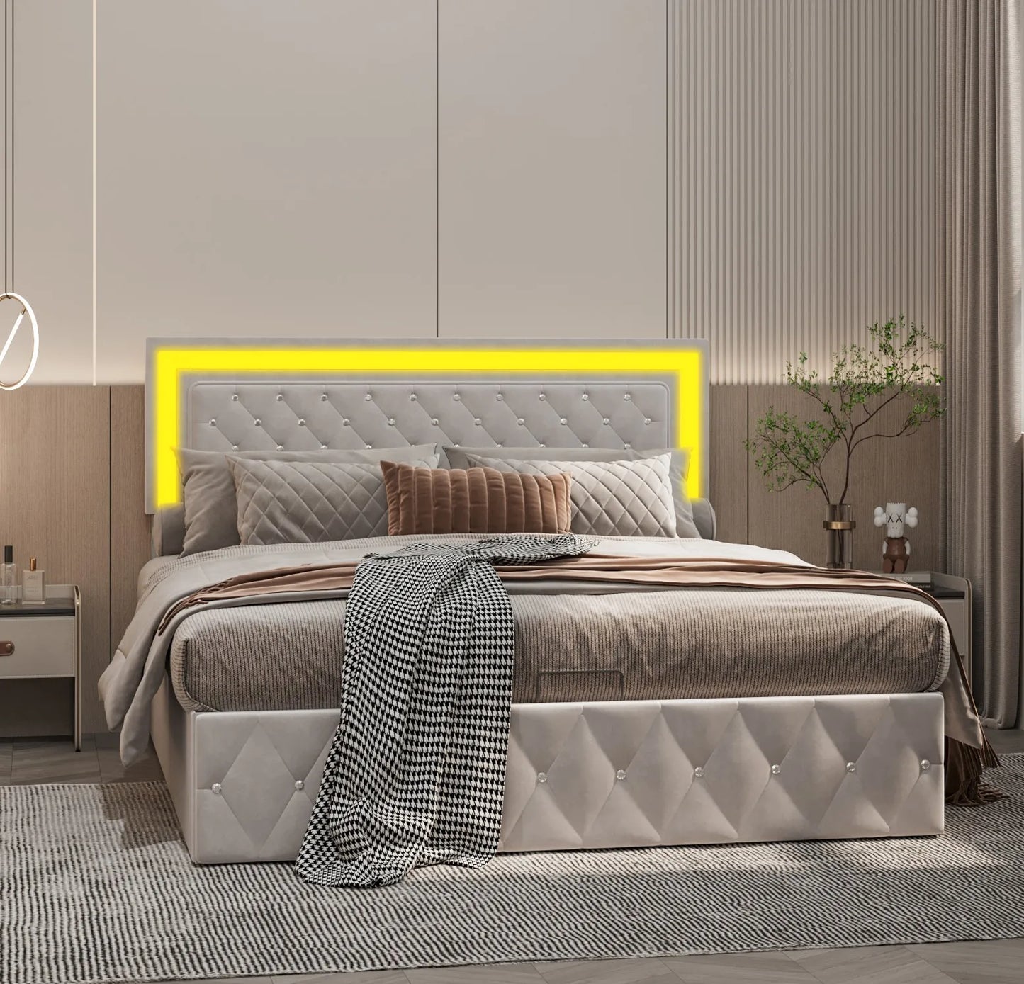 Rosahqnda Doppelbettgestell 140–160–180 x 200 cm, verstellbares LED-Kopfteil, hydraulisches Bett mit Stauraum, gepolstertes Jugendbett, Samt