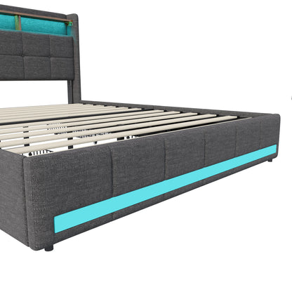 Double Bed,Upholstered Bed with LED and USB Charging Port,4 Drawers and Storage Backrest for Adults or Teen Bedrooms,Beige/Grey