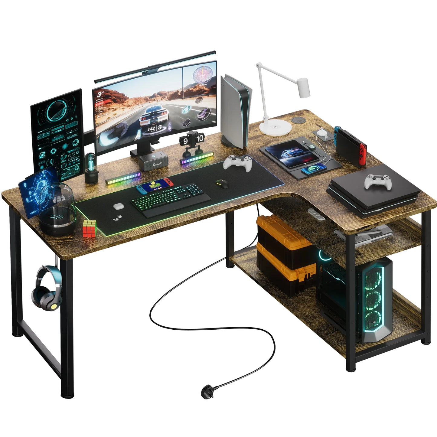COMHOMA Schreibtisch Gaming Tisch mit Regal, Eckschreibtisch mit USB-Ladeanschluss und Steckdose, 120cm Computertisch L Form, PC