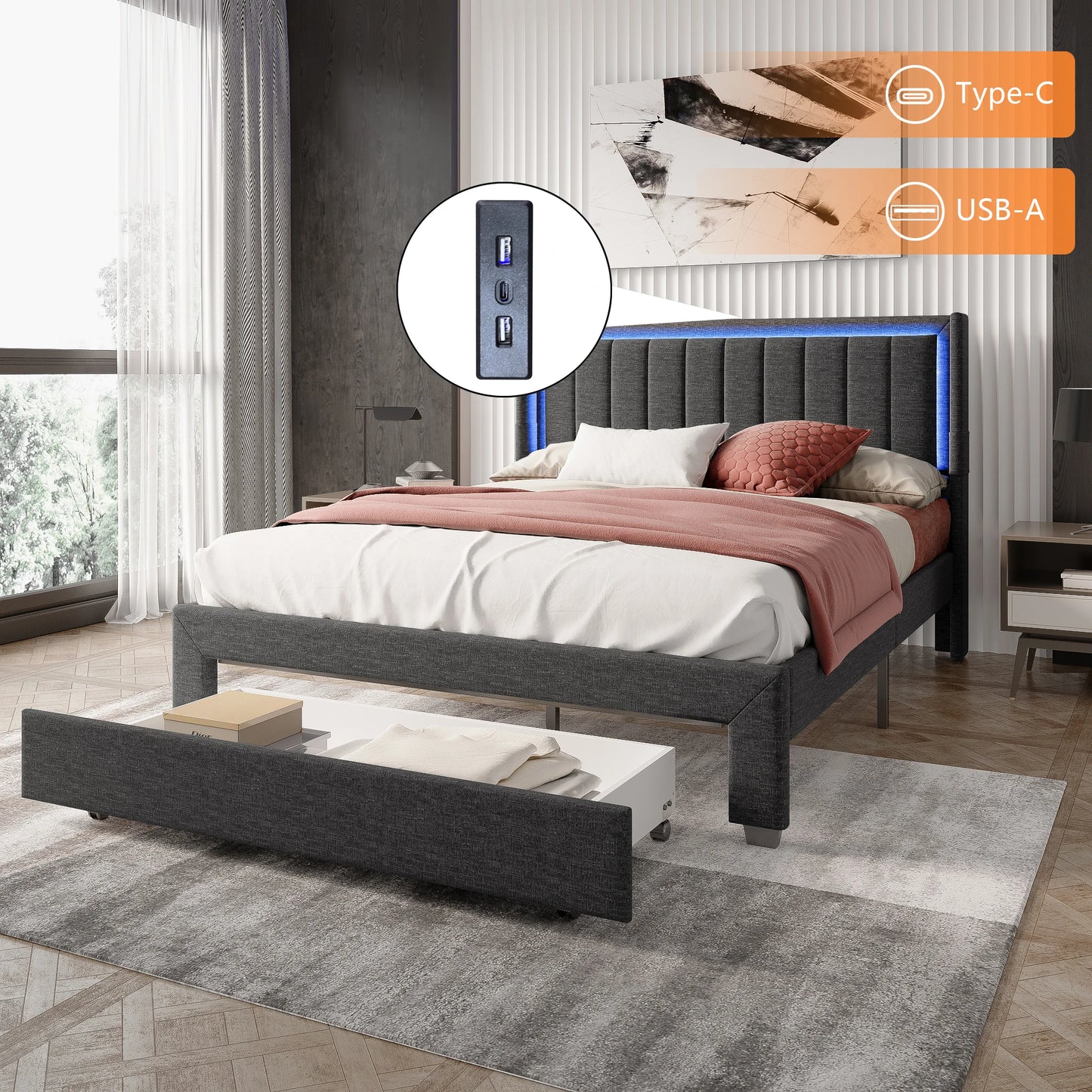 Rosahqnda Gepolsterter Bettrahmen mit LED, USB, Schubladen, Leinen Plattformbett 140-160-180×200cm,Jugendwohnungsbett,Gästebett