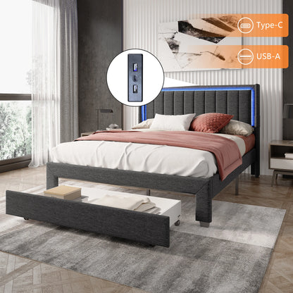 Rosahqnda Gepolsterter Bettrahmen mit LED, USB, Schubladen, Leinen Plattformbett 140-160-180×200cm,Jugendwohnungsbett,Gästebett