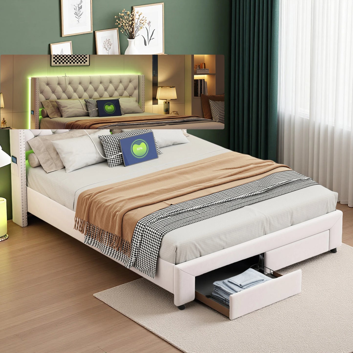 WoodenAura Polsterbett, beiger Samt, Kopfende mit 2 Schubladen, genietetes Kopfteil, Kommode, Stauraumbett mit LED-Beleuchtung