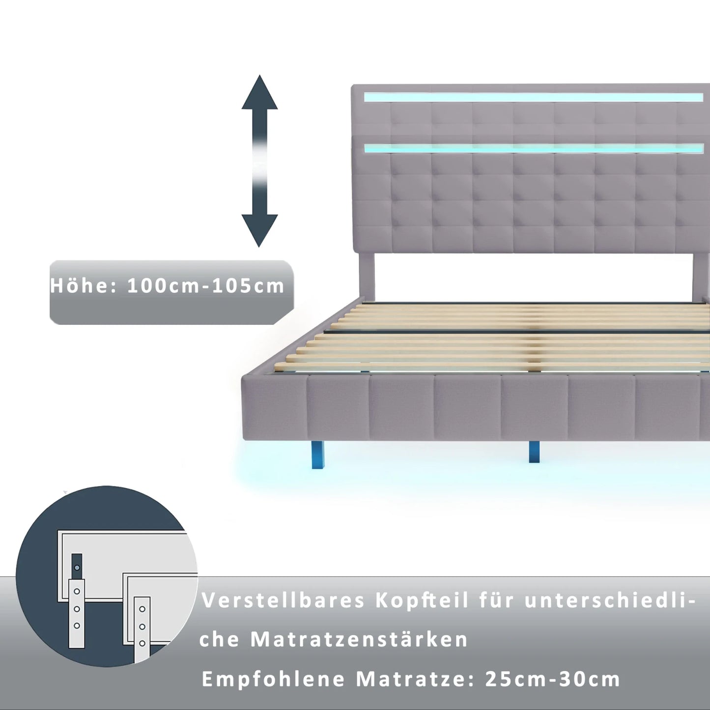 Comanlai Polsterbett 140 x 200 cm, mit LED-Leuchten, mit Lattenrost und Kopfteil, Jugendbett, Doppelbett, ohne Matratze, Grau