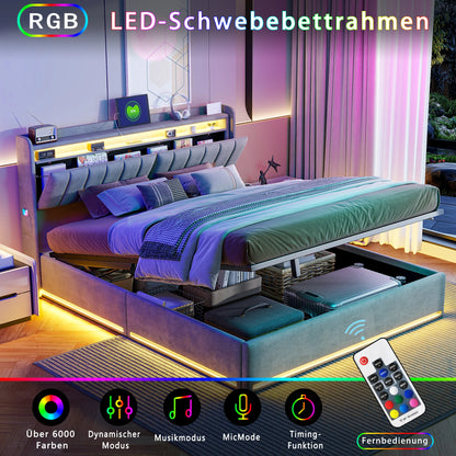 Rosahqnda Doppelbett,Kopfteil mit LED-Beleuchtung,USB-Anschlüssen und Ablagefach,Stauraumbett,Gästebett,Jugendbett,Samtstoff