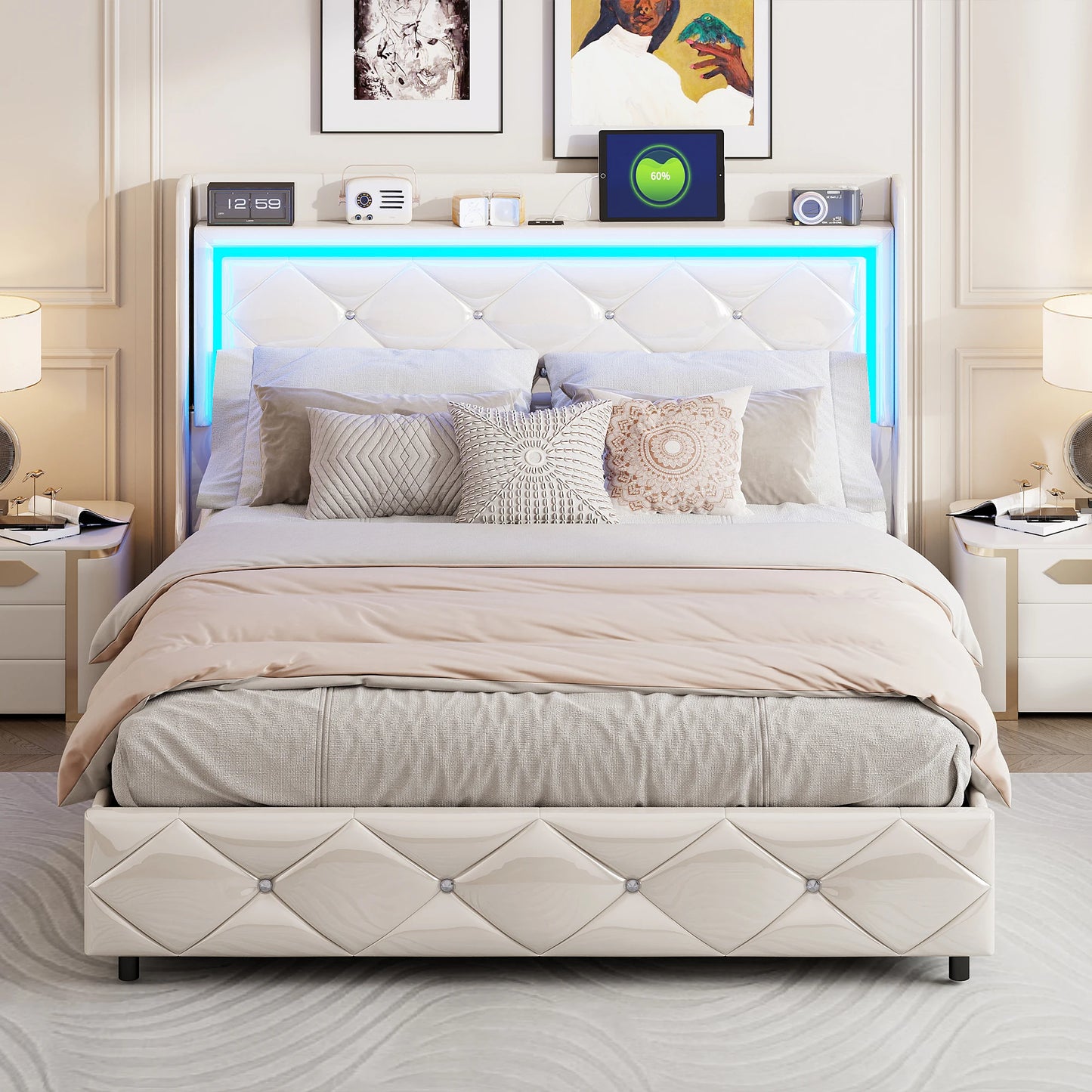 WoodenAura 140x200cm PU-Polsterbett, weißes Einzel und Doppelbett mit Lattenrost, Holz Kopfteil mit dekorativen Knöpfen, RGB-LED