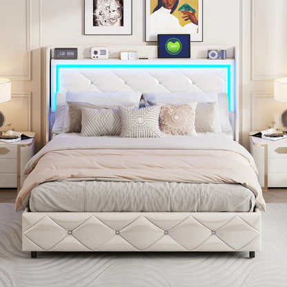 WoodenAura 140x200cm PU-Polsterbett, weißes Einzel und Doppelbett mit Lattenrost, Holz Kopfteil mit dekorativen Knöpfen, RGB-LED