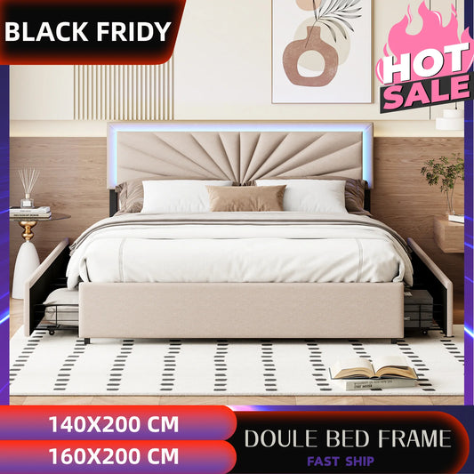 Schubladenbett 140/160 x 200 cm , gepolstertes Bett mit LED-Beleuchtung, Doppelbett für Erwachsene, höhenverstellbares Kopfteil, vier Schubladen, praktisch und modern, mit integriertem Stauraum, Leinen, Beige