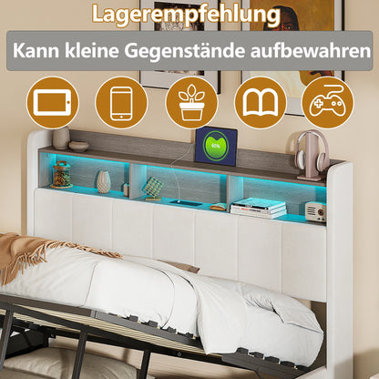 WoodenAura 160x200 CM Polsterbett mit LED-Lichtleiste, Kopfteil mit Stauraum, Doppelbett, flacher Bettrahmen, Metallbettrahmen