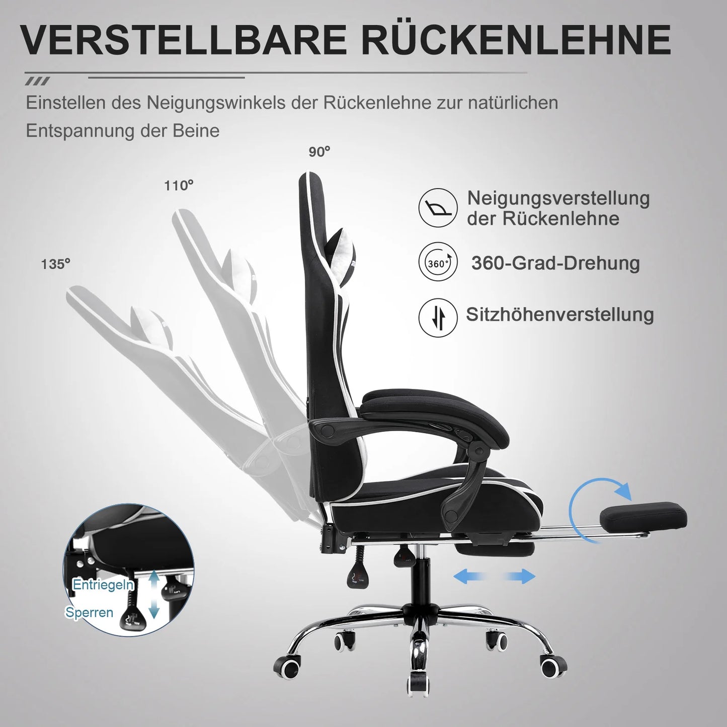 GTPLAYER Bürostuhl Gaming Stuhl Stoff Gaming Sessel Ergonomischer Gamer Stuhl mit Fußstütze, Kopfstütze Lendenkissen, Gepolstert