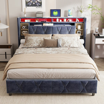 Rosahqnda Doppelbett， mit USB und LED, Polsterbett mit Stauraum und Kopfteil, Bettrahmen mit Holzlattenrost, Samt，grau