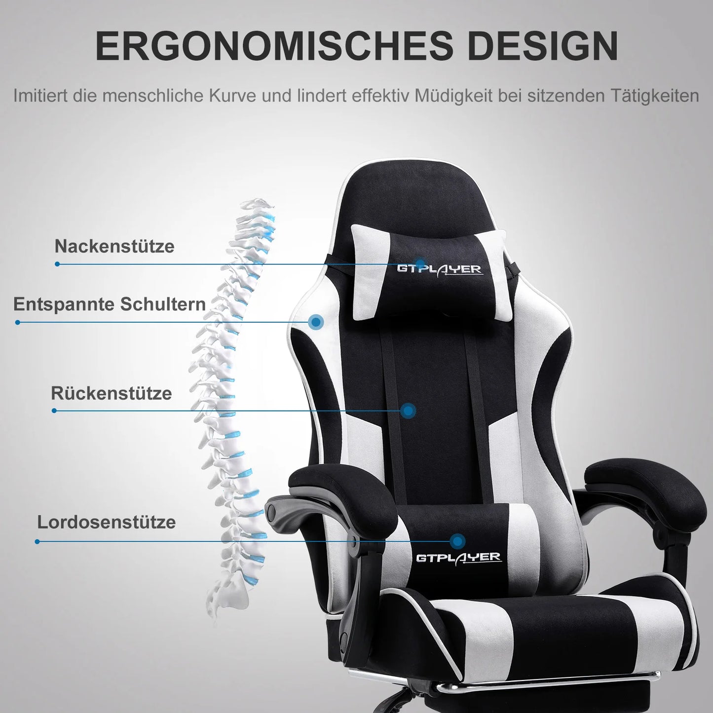 GTPLAYER Bürostuhl Gaming Stuhl Stoff Gaming Sessel Ergonomischer Gamer Stuhl mit Fußstütze, Kopfstütze Lendenkissen, Gepolstert