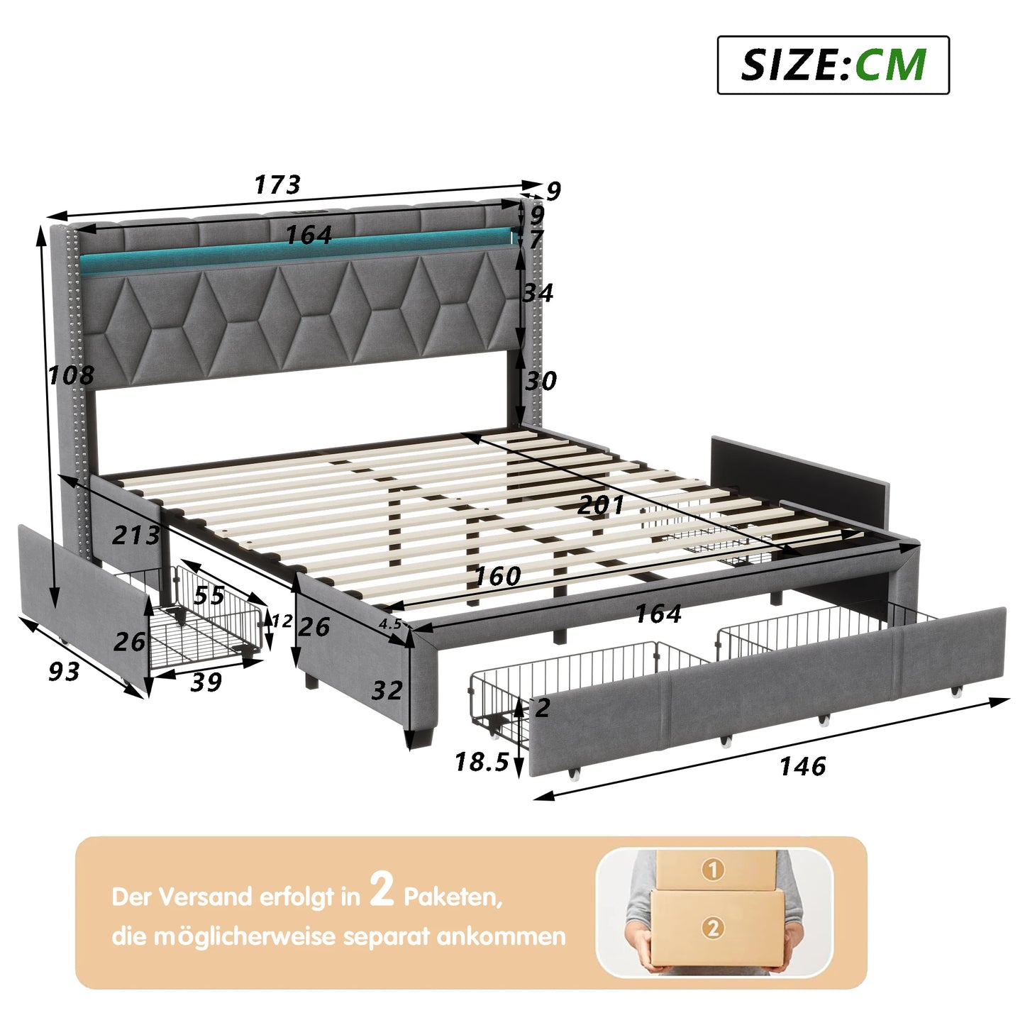 Comanlai Upholstered Bed,160 x 200 cm,with LED Headboard and USB,with 4 Storage Drawers, without Mattress, Linen Grey