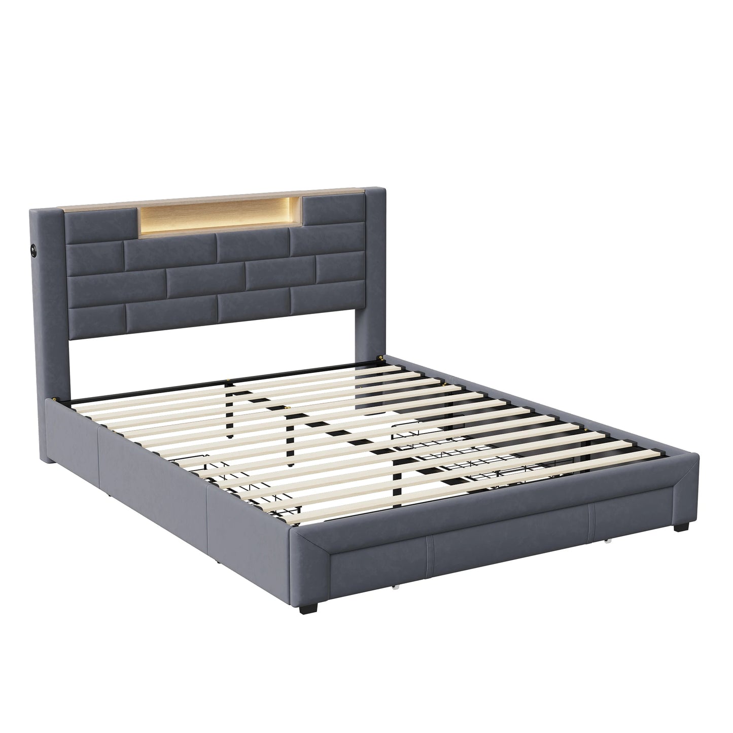 Upholstered Bed 160x200cm with LED and USB Charging Socket,Drawer Storage Bed,Bedside Storage,Adult Livingroom,Gray,Velvet