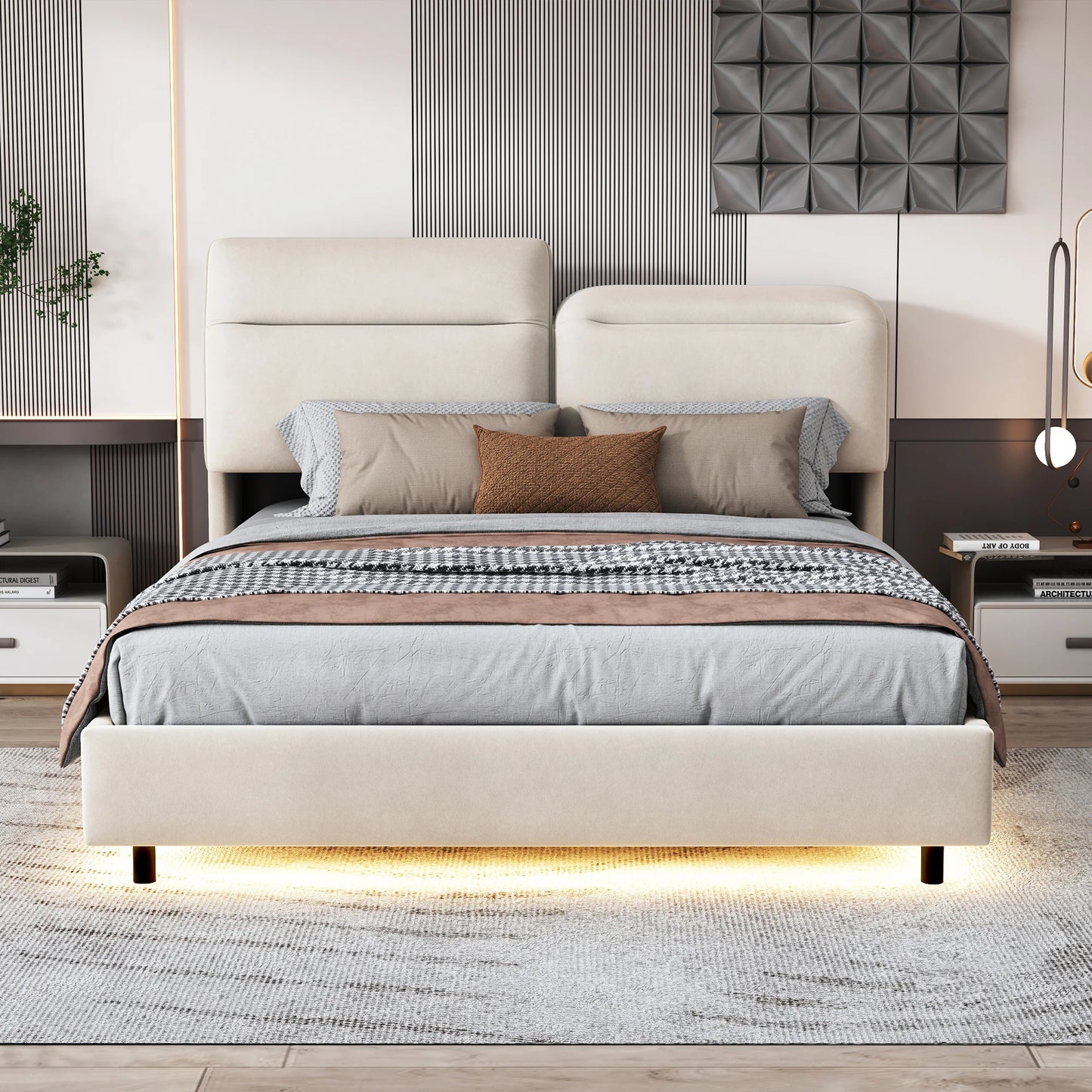 WoodenAura Bett 160 x 200 cm mit Lattenrost, Bett 160x200 cm mit Stauraum und Kopfteil, Bett mit LED-Beleuchtung und Stauraum