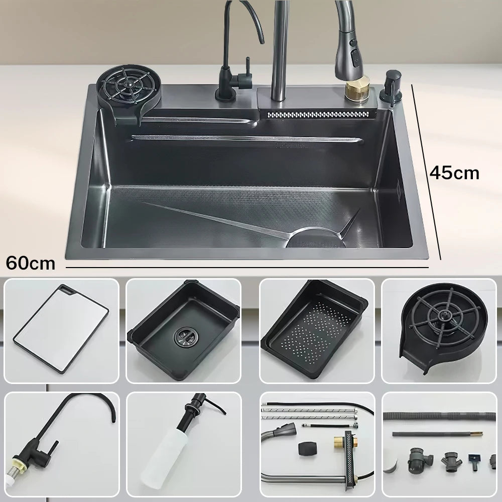 Wasserfall-Küchenspüle aus Edelstahl 304, großes Einzelschlitz-Wasserhahn-Set mit integrierter Digitalanzeige, Seifenspender, Tassenwascher