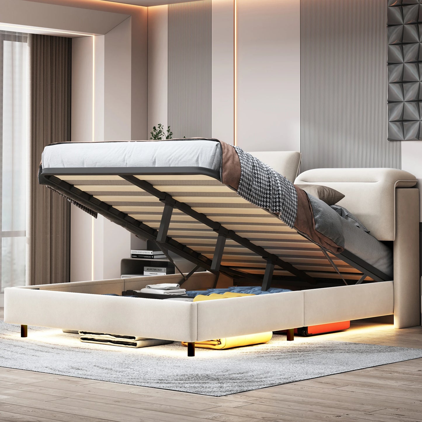 WoodenAura Bett 160 x 200 cm mit Lattenrost, Bett 160x200 cm mit Stauraum und Kopfteil, Bett mit LED-Beleuchtung und Stauraum