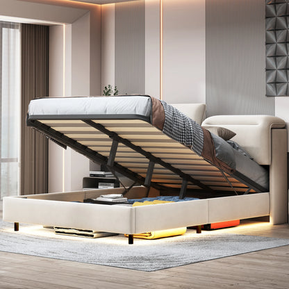 WoodenAura Bett 160 x 200 cm mit Lattenrost, Bett 160x200 cm mit Stauraum und Kopfteil, Bett mit LED-Beleuchtung und Stauraum