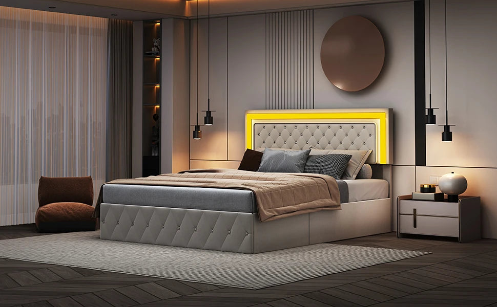 Rosahqnda Doppelbettgestell 140–160–180 x 200 cm, verstellbares LED-Kopfteil, hydraulisches Bett mit Stauraum, gepolstertes Jugendbett, Samt