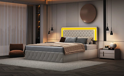 Rosahqnda Doppelbettgestell 140–160–180 x 200 cm, verstellbares LED-Kopfteil, hydraulisches Bett mit Stauraum, gepolstertes Jugendbett, Samt