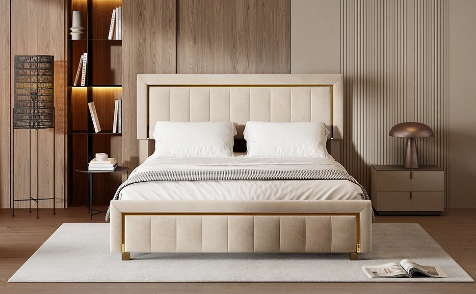 Rosahqnda Doppelt gepolstertes Hydraulikbett, 140–160 x 200 cm, großer Stauraum, Gästebett, Samt, Schwarz, Beige