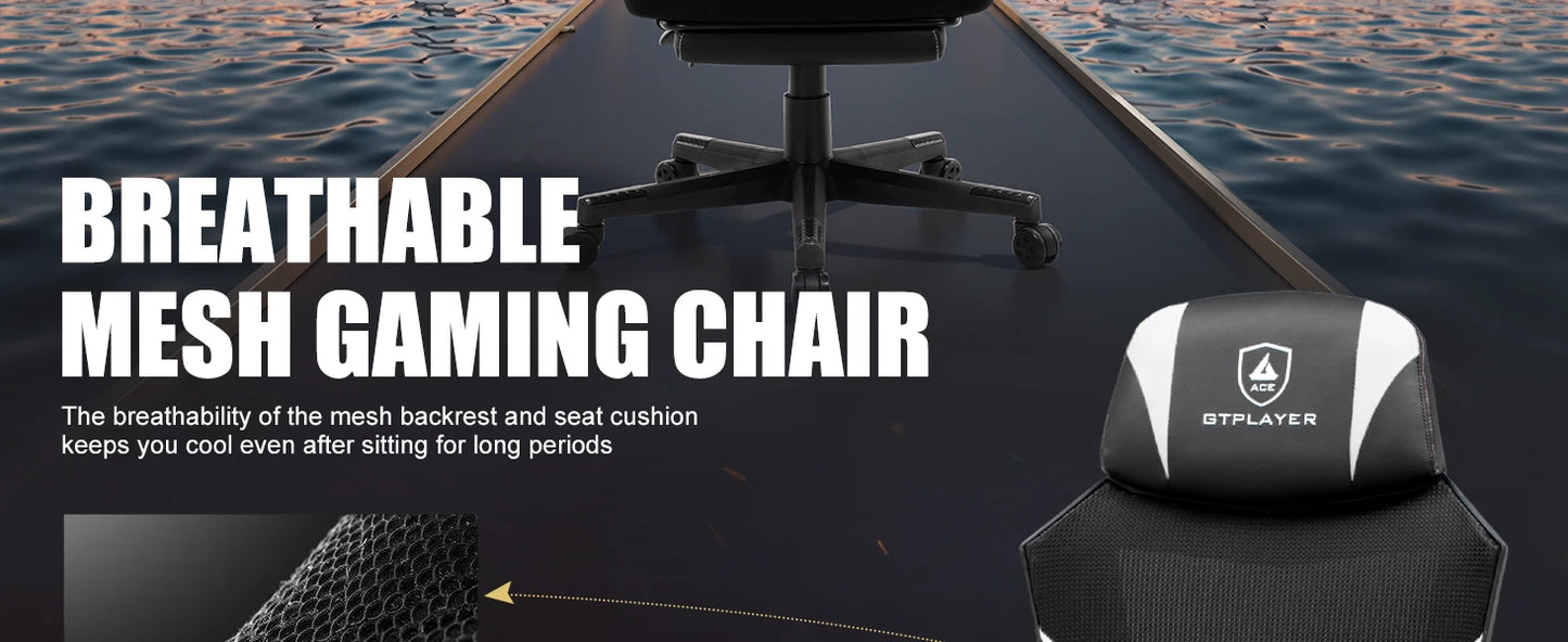 GTPLAYER Gaming Stuhl mit Fußstütze, ergonomischer Bürostuhl mit Netzrückenlehne, Schreibtischstuhl Gaming Sessel aus Stoff