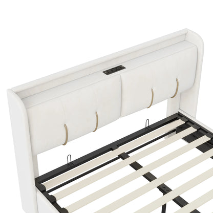 WoodenAura 140x200cm Polsterbett mit USB-C Ladefunktion, Stauraumkopfteil und LED-Beleuchtung und Schubladen, Doppelbett Große