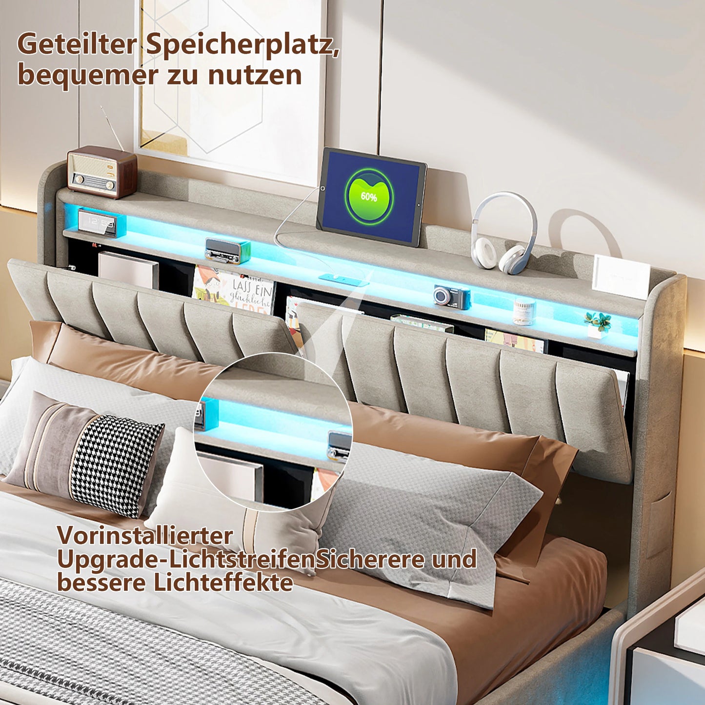 Rosahqnda Doppelbett,Kopfteil mit LED-Beleuchtung,USB-Anschlüssen und Ablagefach,Stauraumbett,Gästebett,Jugendbett,Samtstoff