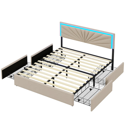 WoodenAura Polsterbett 140x200 cm mit LED-Beleuchtung,Doppelbett mit 4 Schubladen, Höhenverstellbarem Kopfteil und Holzgestell