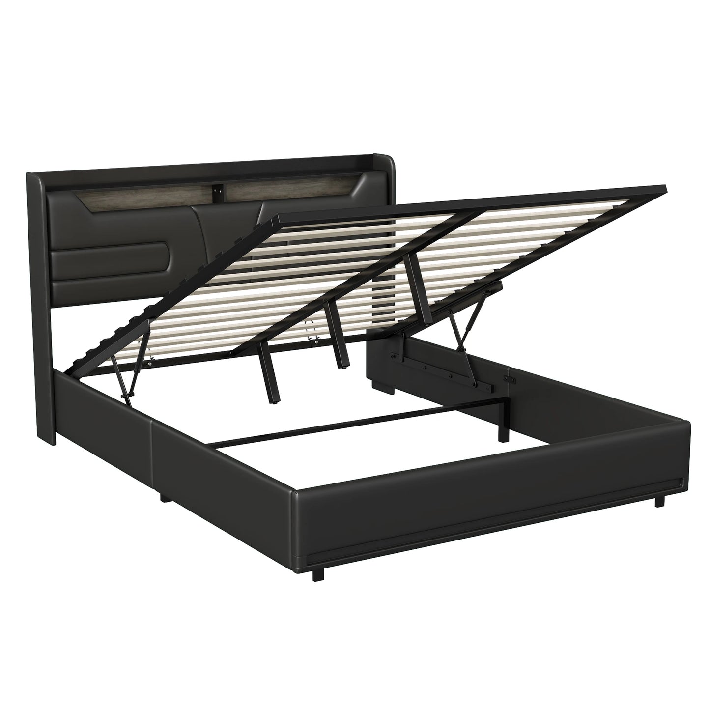 Rosahqnda Doppelbett 140–160 x 200 cm, gepolstertes Bett mit LED, USB und Stauraum, hydraulisches Funktionsbett, PU, Schwarz